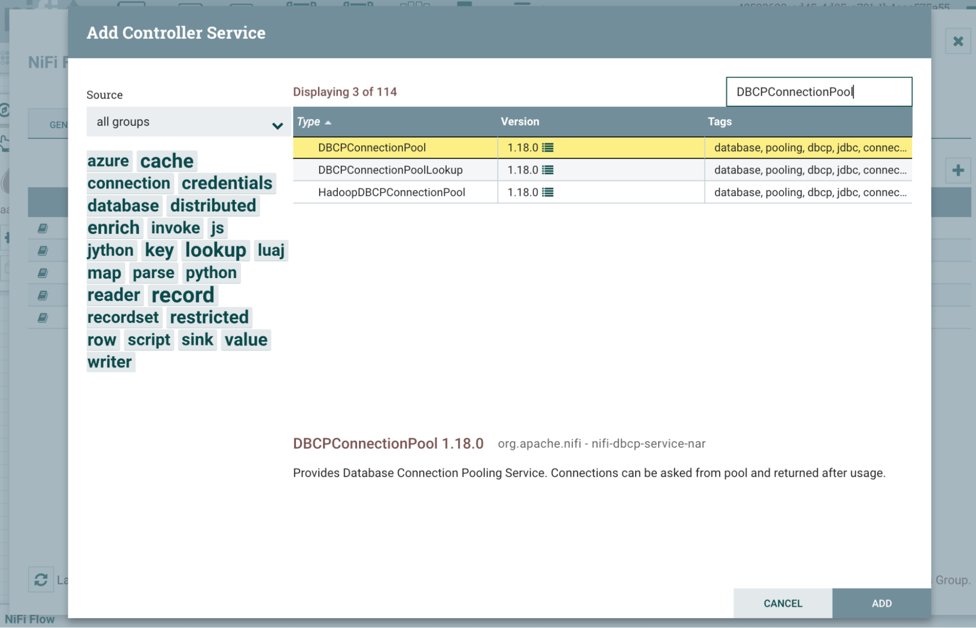 Диалог выбора Controller Service с выделенным DBCPConnectionPool
